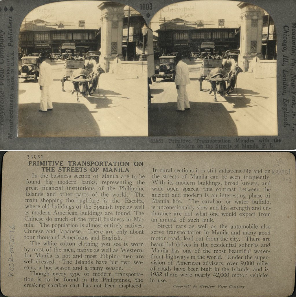 Primitive Transportation Mingles with the Modern on the Streets of Manila, P. I.